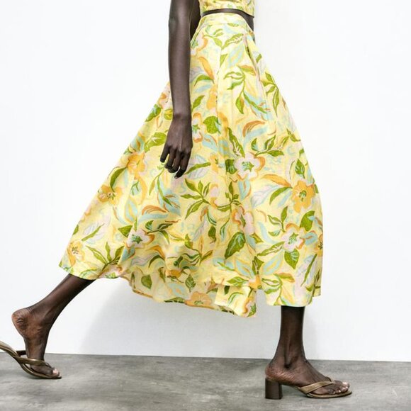 ZARA Button Front Long Linen Floral Skirt - Picture 6 of 7